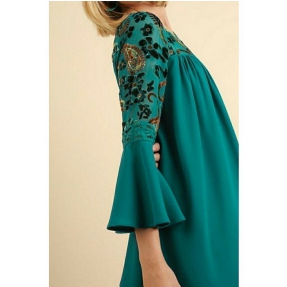 Umgee Boho Turquoise Velvet Floral Print Dress Size S